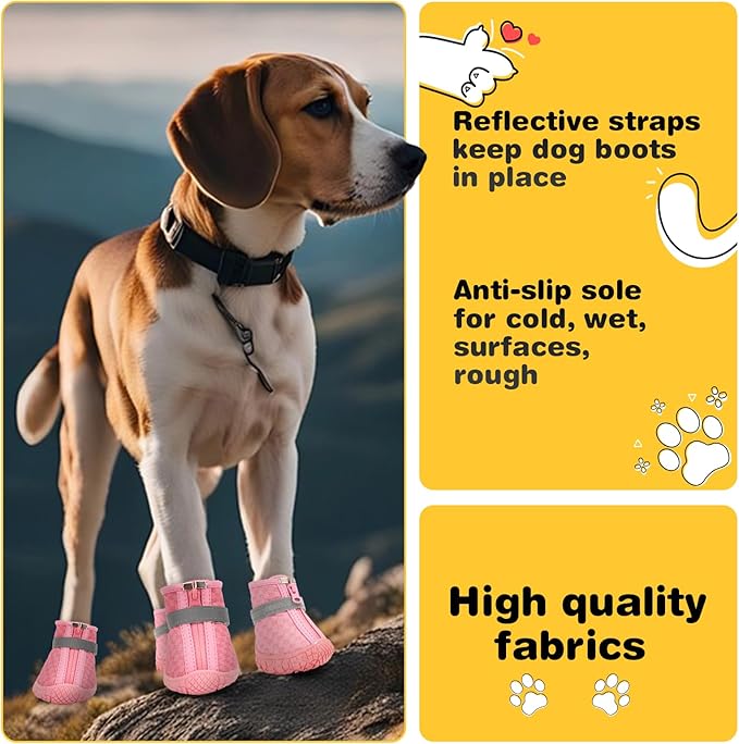 Dog Shoes for Small Dogs, Dog Boots & Paw Protectors for Hot Pavement Winter Snow Hiking, Anti-Slip Dog Booties for Hardwood Floor Pink Size 3