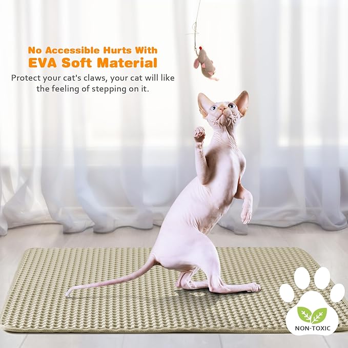Waterproof Cat Litter Mat, Double Layer EVA, Odor-Free Large Grid, Urine Proof, Easy Cleanup (Khaki, 12 x 12)