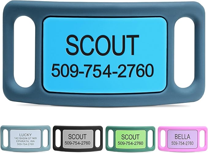 GoTags Silent Dog Tag, Personalized Engraved Silicone and Cat Name Pet ID Tags, Soundless Quiet Slide On Nameplate for Collars, No More Jingling Tags (Blue, Large)
