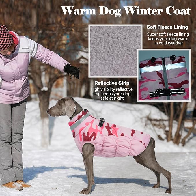 Lelepet Warm Dog Winter Coat Dog Coats for Large Dogs Waterproof Dogs Jacket with Harness Built in Reflective Cold Weather Coats Windproof Zip-Up Winter Fleece Vest Snowsuit Pitbull Pink Camo XXL