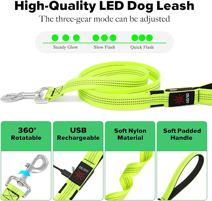 Illumifun LED Dog Leash, USB Rechargeable Glowing Light Up Dog Leash, Nylon Flashing Safety Pet Light for Night Walking (GreenⅡ)