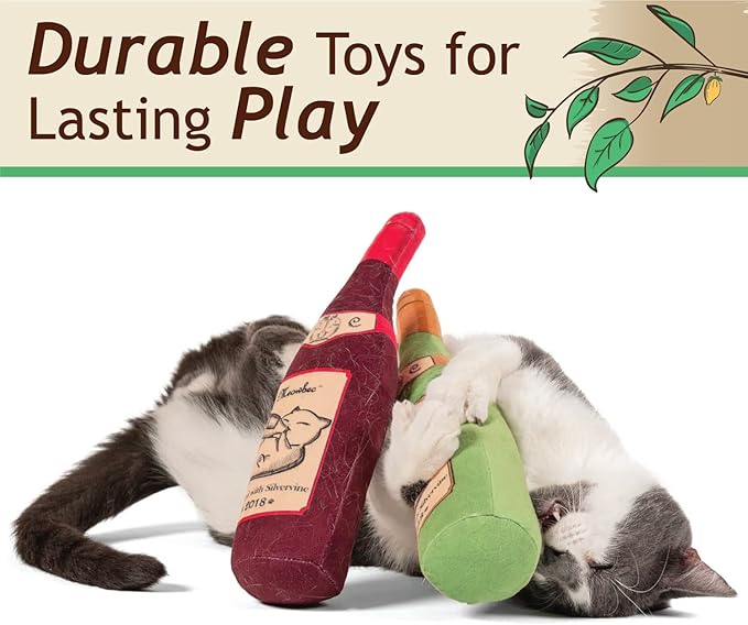 TWINCRITTERS KittiLush 2-Pack Organic Silvervine Catnip Substitute Toys for Cats & Kittens | 100% All-Natural Wild Harvested Silvervine | 2 Refillable Wine Bottle Kicker Cat Toys