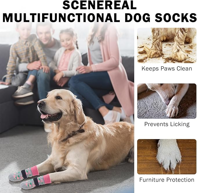 SCENEREAL 6Pcs Anti Slip Dog Socks to Prevent Licking Paws for Hot/Cold Pavement, Dog Grippy Socks for Hardwood Floors, Dog Shoes for Boots & Paw Protectors for Puppy Small Medium Large Senior Dogs