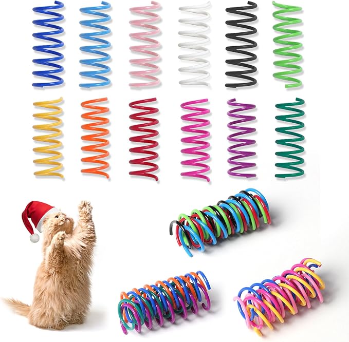 48PCS 12Colors Cat Spring Toys for Indoor Cats, Interactive Coil Springs for Self Play, Durable Heavy Plastic Cat Spiral Spring, Hunting, Biting, Swatting Creative Kitten Toy