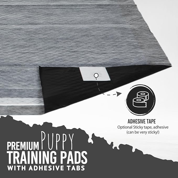 Bulldoglogy Carbon Black Puppy Pee Pads with Adhesive Sticky Tape - Large Charcoal Housebreaking Dog Training Wee Pads (24x24) 6 Layers with Extra Quick Dry Bullsorbent Polymer Tech (100-Count)