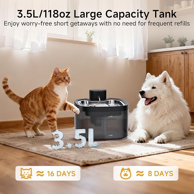 Wireless Cat Water Fountain with Stainless Steel Tray, 3.5L/118oz Rechargeable Battery Pet Water Dispenser, Ultra-Quiet Indoor Fountain with Motion Sensor, BPA-Free(8Filters)
