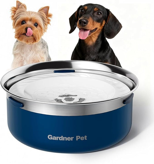 Gardner Pet Slow Water Bowl for Dogs, 2L/68oz Spill-Proof Pet Water Bowl with Floating Disk & Filter Screen, Stainless Steel No-Spill Water Dispenser for Medium Large Pets