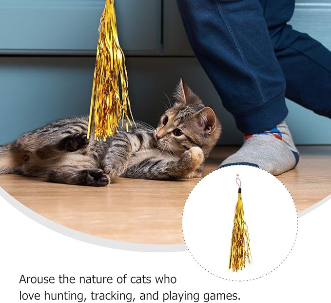 balacoo 5 Pcs Cat Teaser Wand Replacement, Cat Stick Metallic Foil Tassel with Bell, Interactive Catcher Teaser for Indoor Pet Kitten Playing (Random Color)