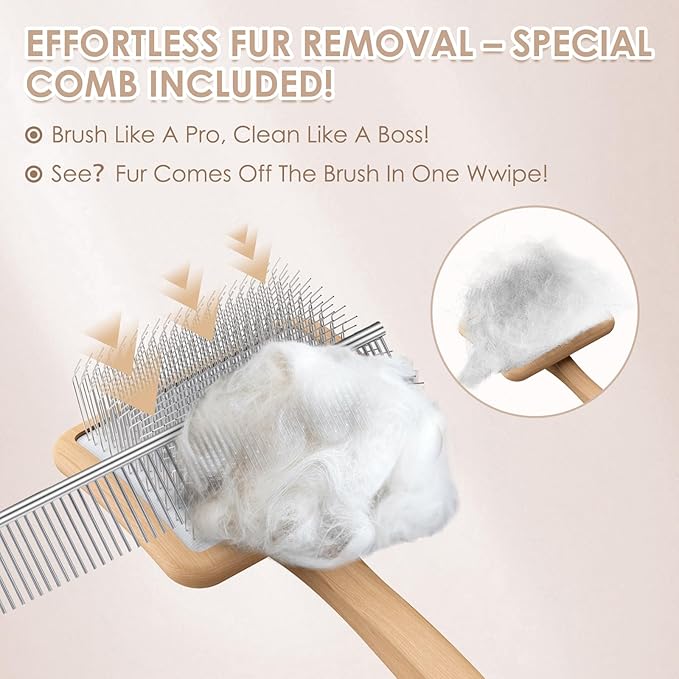Large Long Pin Slicker Brush & Comb for Poodles, Goldendoodles & Cockapoos, Long Hair Dogs & Cats, Detangler Brush for Shedding & Matted Fur, Ergonomic Wooden Handle, Leather Sleeves. Natural