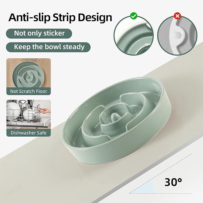 Ceramic 3.2 Cup Raised Slow Feeder Dog Bowl Set, Elevated Bowl with Wooden Stand for Large Dog, 9.5inch Puzzle Slow Pet Food Dish, Anti-Gulping(Light Green, Single Bowl+ Stand)