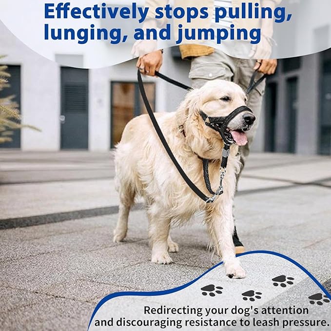 BARKLESS Sturdy No Pull Head Collar for Medium Large Dogs, Gentle Reflective Head Halter with Safety Link, Adjustable Nylon Dog Training Muzzle Leash for Walking Control (Blue, XL)