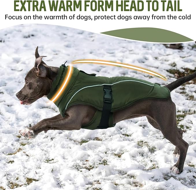 DENTRUN Winter Warm Dog Coat Reflective Jacket with Turtleneck for Cold Weather, Adjustable Buckle Windproof Water Repellent, Thick Snowsuit Fleece Vest for Small, Medium, Large Dogs, Green, L