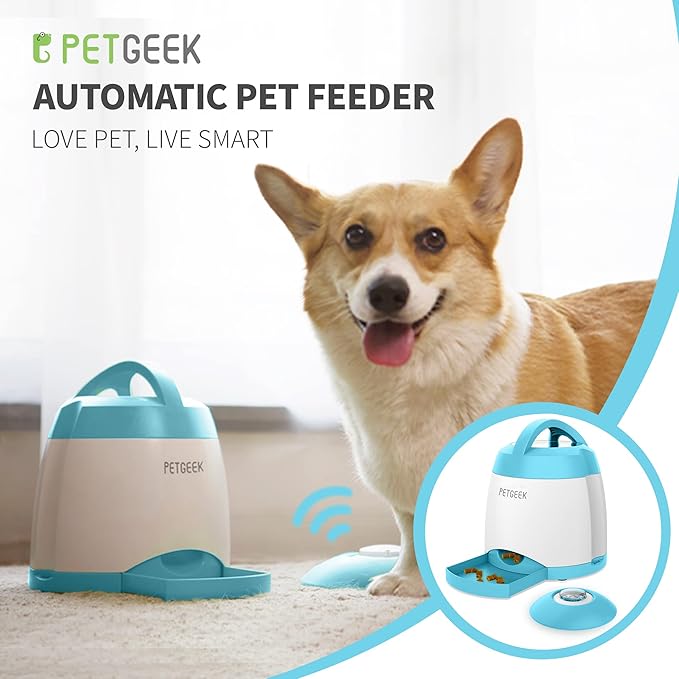 PETGEEK Dog Treat Dispenser with Button, Automatic Dog Feeder with Remote Control and Dual Power Supply, Dogs Puzzle Toys and Interactive Pet Stimulation Toys for Indoor/Outdoor Play (Blue)
