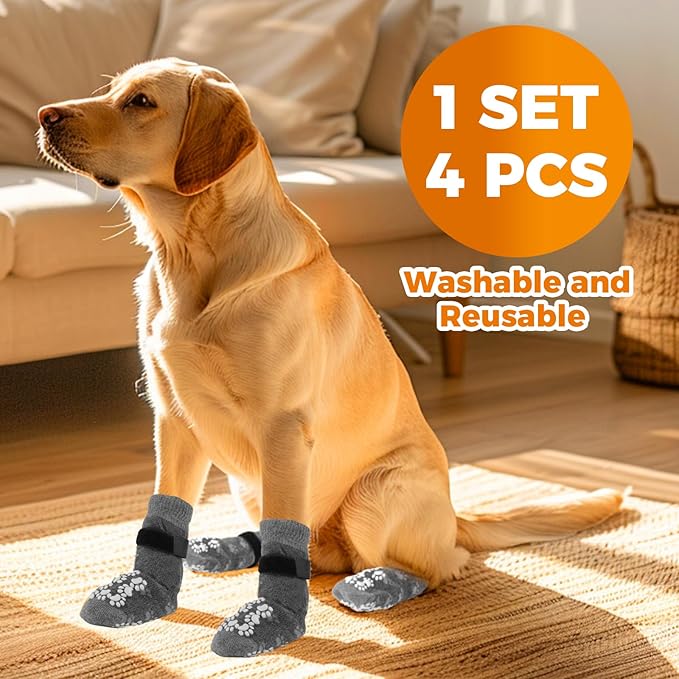 Anti-Slip Dog Socks Prevent Licking Paws,Dog Socks with Grippers for Senior Dogs Walk on Hardwood Floor,Dog Grippers with Strong Traction,Dog Essentials,Grey 2 Pairs,XS