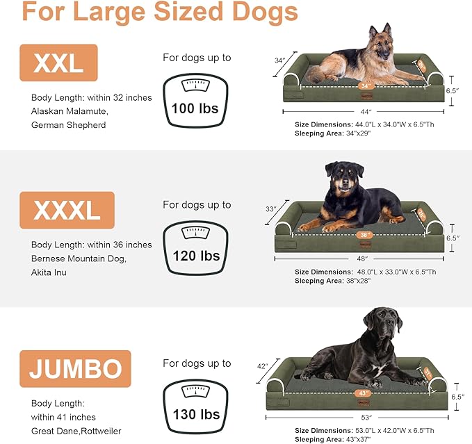 Large Dog Bed Orthopedic Washable: Jumbo Dog Bed Bolster Extra Large Dogs Egg Crate Foam Sofa Couch Waterproof Removable Cover - Dark Green