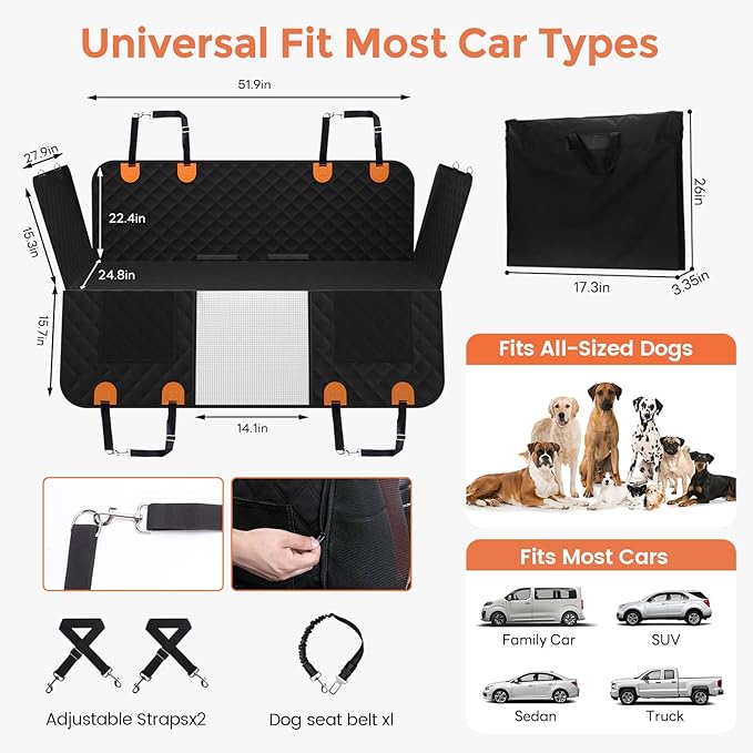 Dog Seat Cover for Back Seat - Hard Bottom Car Seat Cover for Dogs Holds 500 lbs,Waterproof Back Seat Extender for Dogs,Scratch-Proof Anti-Slip Dog Hammock for Car SUV Small Truck, Black