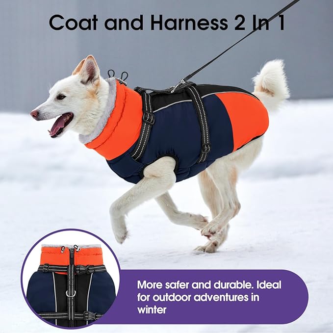 SUNFURA Dog Coat, XXXL Dog Jacket with Harness Built in, Waterproof Pet Winter Coat Snowsuit with Zip, Reflective Fleece Jacket for Extra Large Dogs, Great Dane, Blue 3XL