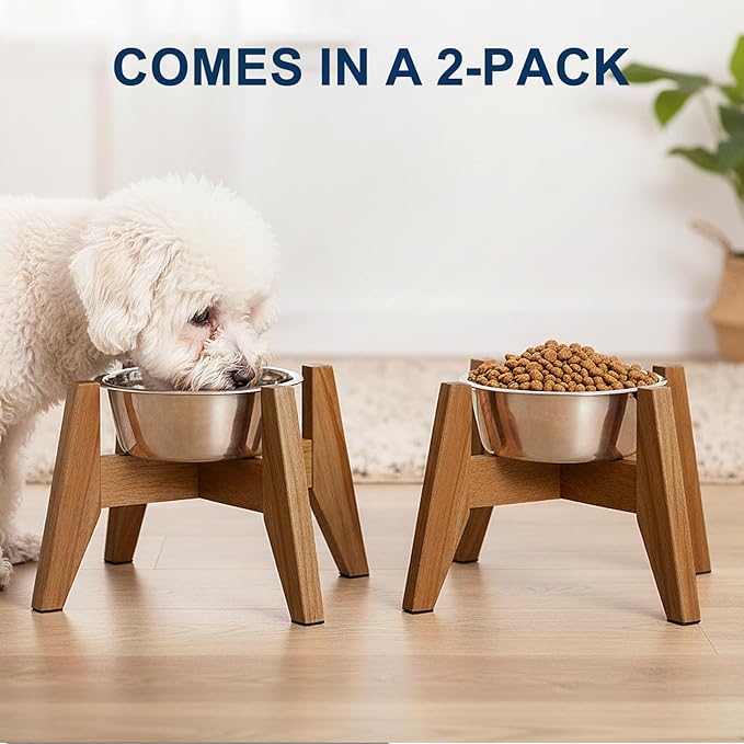Dog Bowl Stand 7 inch High(Set of 2), Acacia Hardwood Elevated Stand, Raised Feeder for Small and Medium Dogs – Stand Only (Bowls Not Included)