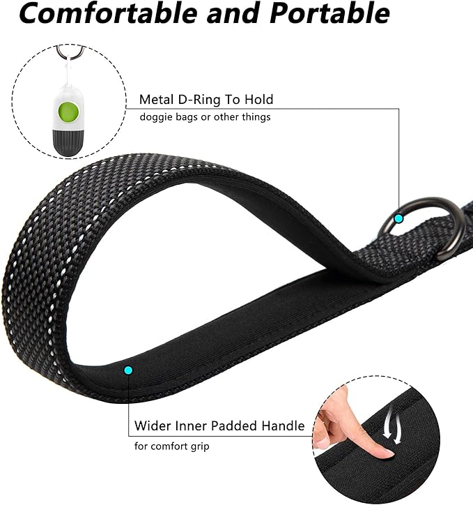 PetiFine 4FT Heavy Duty Dog Leash with Soft Padded Double Handle, Durable Strong Clasp Dog Leashes, Reflective Nylon Walking Lead for Large,Medium,Small Breed Dogs, Black
