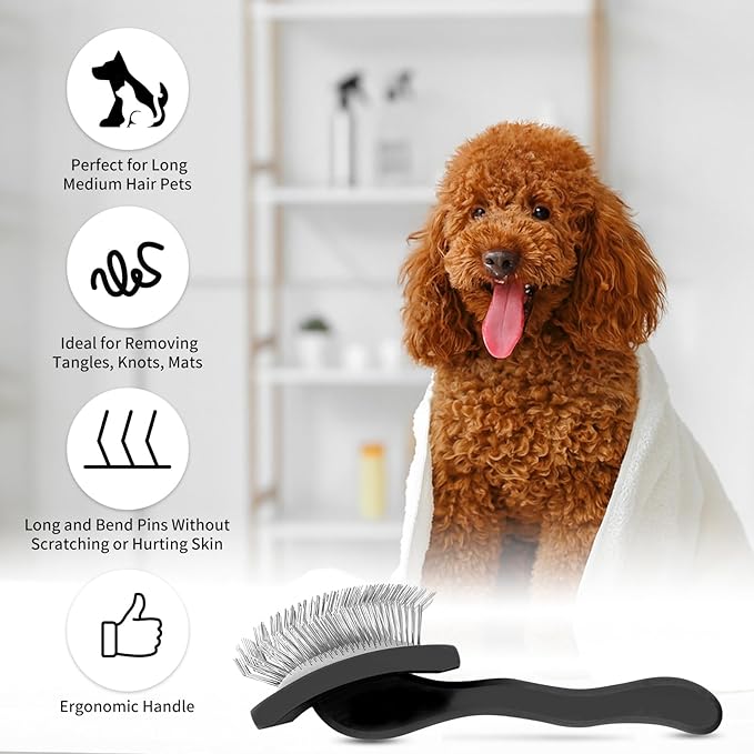Slicker Brush for Dogs & Cats, Large Dog Brush for Goldendoodles Poodles Doodles Bernedoodles, Long Pin Grooming Tools to Dematting & Reducing Tangles and Fluff, Black