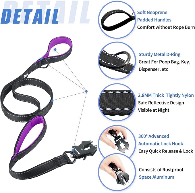 Strong Heavy Duty Dog Leash - 4ft Reflective Nylon Training Leash with Soft Padded Double Handle & Auto Lock Frog Clip - Safety Traffic Control for Large Medium Small Dog No Pull Walk Black Purple,4ft