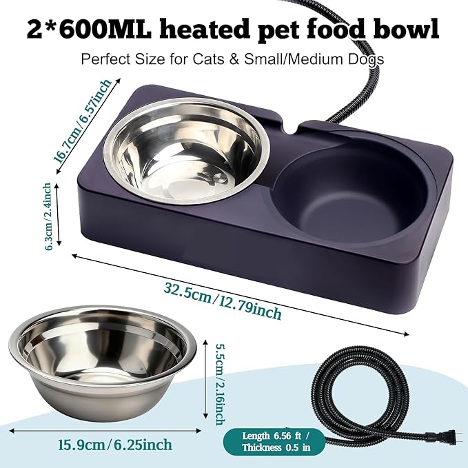 Heated Pet Bowl for Outdoor Cats & Dogs in Winter, Anti-Freeze Food & Water Pet Dual Bowl with Chew-Resistant Cord, Waterproof for Winter Feeding, 20.3oz Each