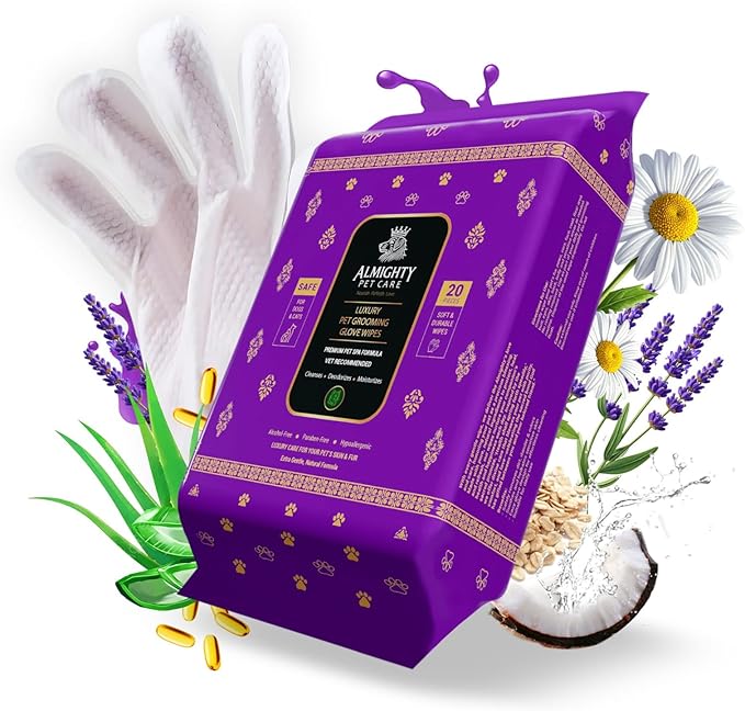 Almighty – Premium Pet Grooming Glove Wipes for Dogs & Cats | 20 Count | Instant Bath Cleaning Glove | Ultra-Thick, Hydrating & Nourishing | Deodorizing, Hypoallergenic, No-Rinse – Coconut Scent