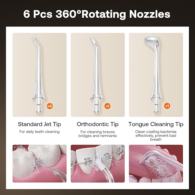 Bitvae Water Dental Flosser Teeth Pick, Cordless Flosser for Travel with 6 Jet Tips, 3 Modes 5 intensities, IPX7 Waterproof Portable & Rechargeable Oral Irrigator Cleaner, White