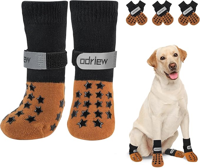 ODRIEW Non Slip Dog Socks to Prevent Licking Paws - Dog Booties for Hardwood Floors Anti Slip - Grippy Socks for Senior Dog - Double Side Paw Protector Prevent Scratching for Hot Pavement. (Khaki, XS)