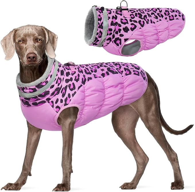 FUAMEY Dog Coat for Large Dogs,Waterproof Dog Winter Jacket with Harness Built in Puppy Cold Weather Coats Reflective Pet Vest with Zipper Warm Fleece Dogs Snowsuit Windproof Pink Leopard XXXL