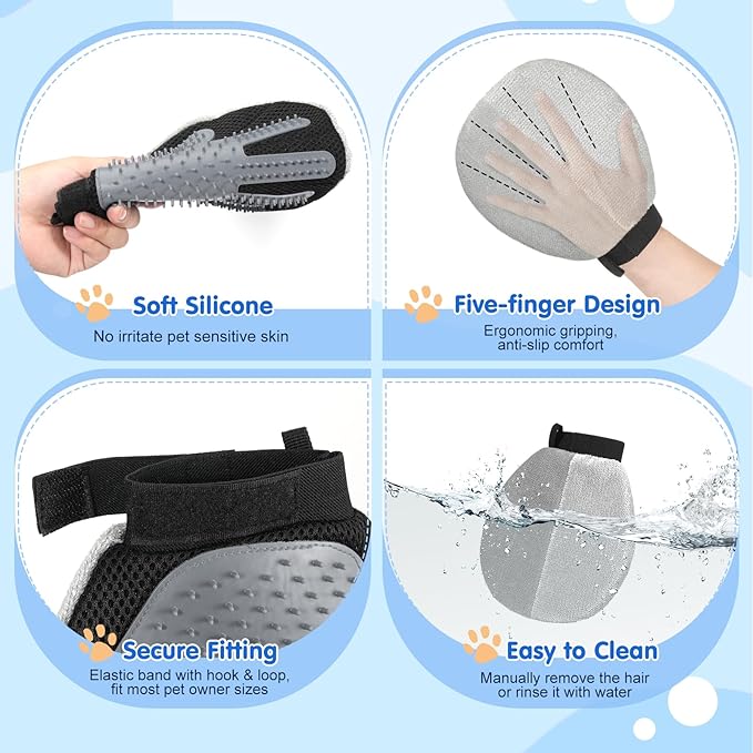 Pawaboo Dual-Side Pet Hair Removal Glove for Dogs and Cats, Reusable Electrostatic Hair Removal & Silicone Fur Brush, Pet Fur Grooming Glove for Carpet Couch Clothes