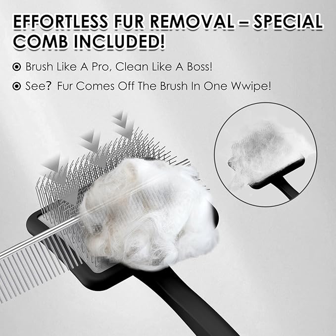 Large Long Pin Slicker Brush & Comb for Poodles, Goldendoodles & Cockapoos, Long Hair Dogs & Cats, Detangler Brush for Shedding & Matted Fur, Ergonomic Wooden Handle, Leather Sleeves. Black