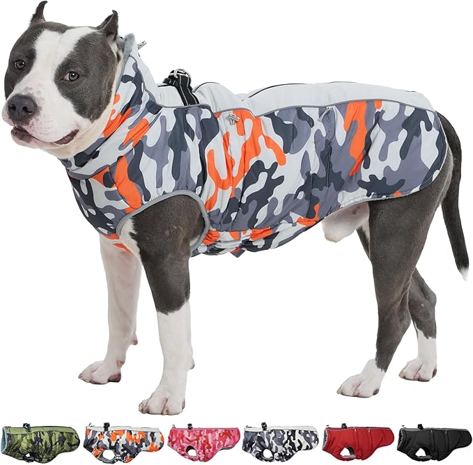 Dog Winter Coat - Large, Warm Dog Coat - Zip Up Snowsuit - Reflective, Water-Resistant - Orange-Camouflage