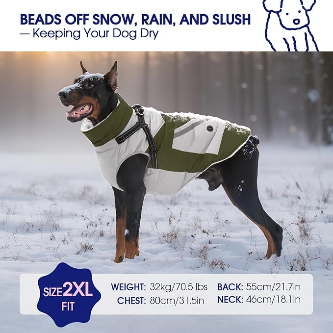 FUAMEY Dog Winter Jackets for Large Dogs,Dog Coat with Harness Built in,Waterproof Dogs Snowsuits Warm Pet Jacket Zip Up Fleece Cold Weather Coats Reflective Puppy Vest with Pocket Green XL