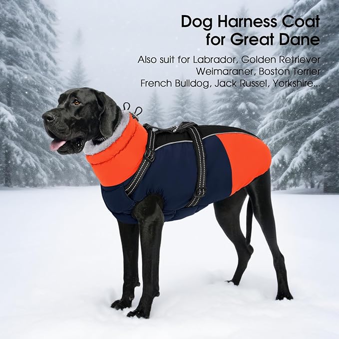 SUNFURA Dog Coat, XXXL Dog Jacket with Harness Built in, Waterproof Pet Winter Coat Snowsuit with Zip, Reflective Fleece Jacket for Extra Large Dogs, Great Dane, Blue 3XL