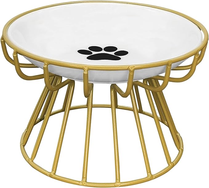 BNOSDM Raised Cat Dish Ceramic Shallow Cat Bowl with Gold Stand Elevated Pet Food Plate for Indoor Cat Kitten Small Dogs