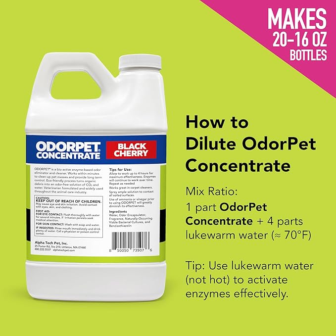 OdorPet Pet Stain Remover and Odor Eliminator - 64 Oz (Makes 2.55 Gallons of Working Solution) Non Staining, Professional Strength, Black Cherry Scent by Alpha Tech Pet
