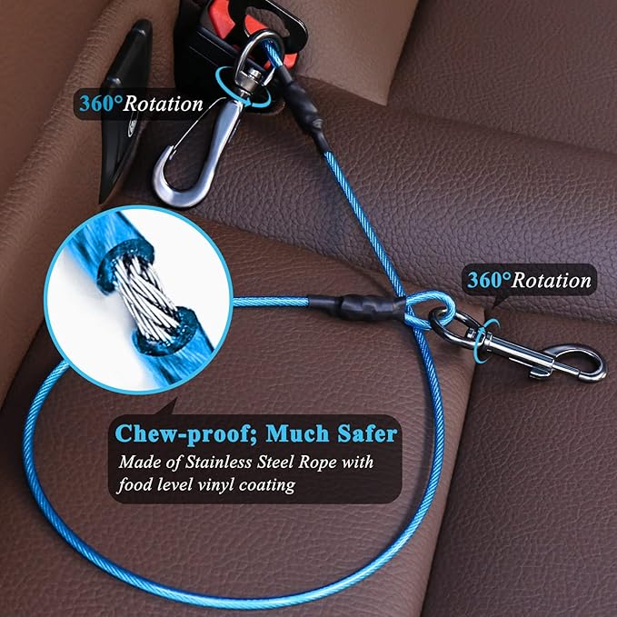 VIVAGLORY Dog Seat Belt Tuffbelt Dog Car Harness, Seatbelt with Clip & Hook for Car Travel, Chew Proof Anti Chew Unchewable Metal Safety Tether Restraint, L, Blue