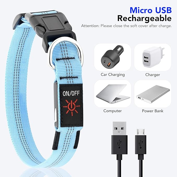 Weesiber Light Up Dog Collars - Rechargeable LED Collar - Reflective Adjustable Dog Lights for Night Walking (Blue, Medium)