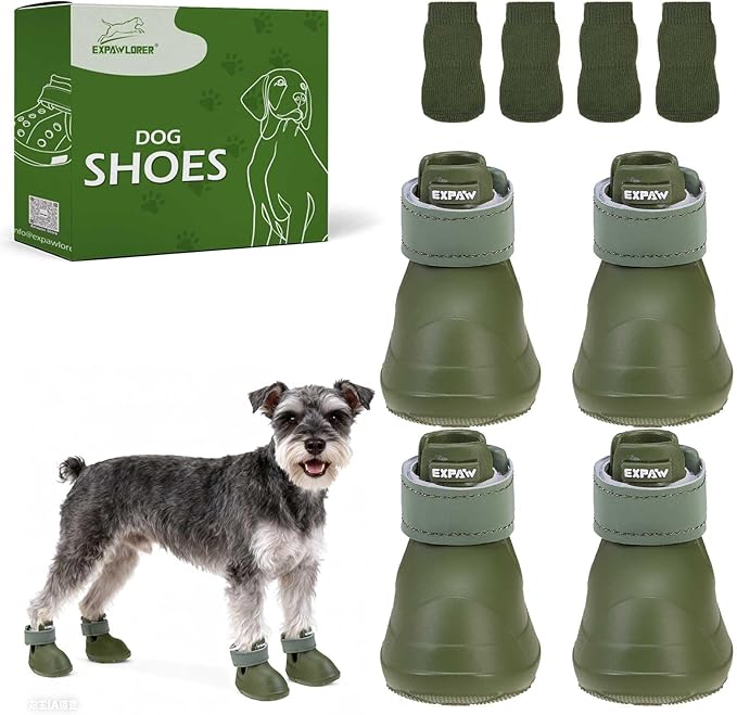EXPAWLORER Dog Shoes for Small Medium Large Dogs, Waterproof Non-Slip Dog Snow Booties for Winter with Socks, Easy On & Off Pet Boots & Paw Protectors, Easy-Clean for Beach Outdoor Rain (Green S)