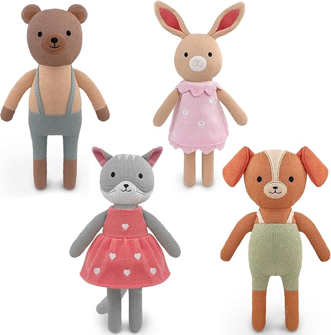 4 Pack 12 Inches Stuffed Animals Handmade Cotton Cute Small Animals Dog Cat and Forest Animals Soft Bunny Teddy Bear Plush Toy for for Toddlers, Kids, Adults, Baby Shower Decor Christmas Easter Gifts