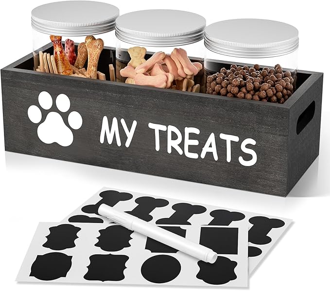 qeerable Dog Treat Jar for Countertop - Dog Treat Container with 3 Jars - Pet Food Organizer For Puppy - Airtight Grey Wooden Dog Treat Storage With Lids - Great Gift for Pet Dog Owners