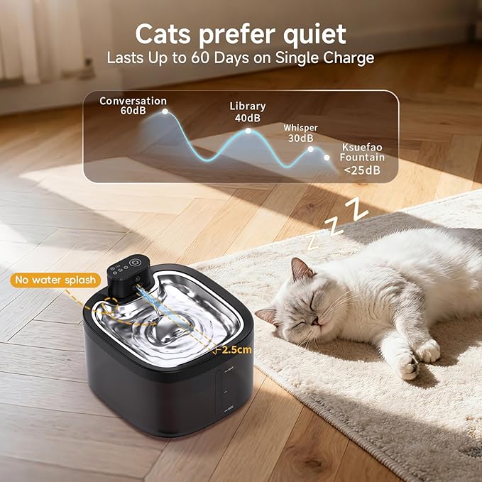 Wireless Cat Water Fountain with Stainless Steel Tray, 3.5L/118oz Rechargeable Battery Pet Water Dispenser, Ultra-Quiet Indoor Fountain with Motion Sensor, BPA-Free(8Filters)