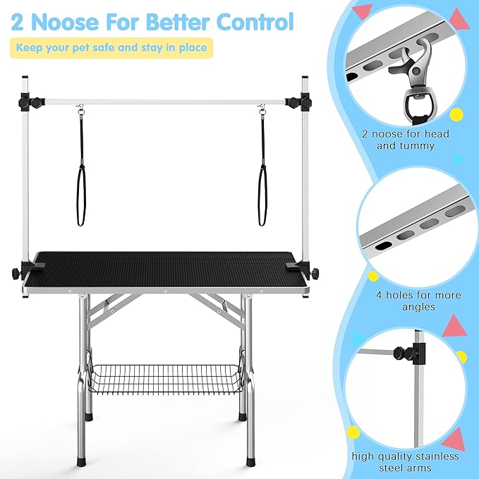 Lyromix 46''Large Dog Grooming Table, Adjustable Cat Drying Desktop with Arms, Nooses, Mesh Tray, Foldable Pet Station at Home, Maximum Capacity Up to 330Lb, 46inch, Black, 46in