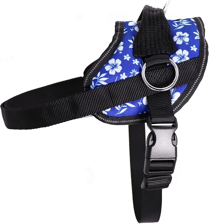 Bark Appeal Blue Hibiscus No-Pull Dog Harness for Extra Large Sized Pets – Adjustable, Reflective Vest with 3 Leash Clips for Added Control, Easy Walks & Training – XXL