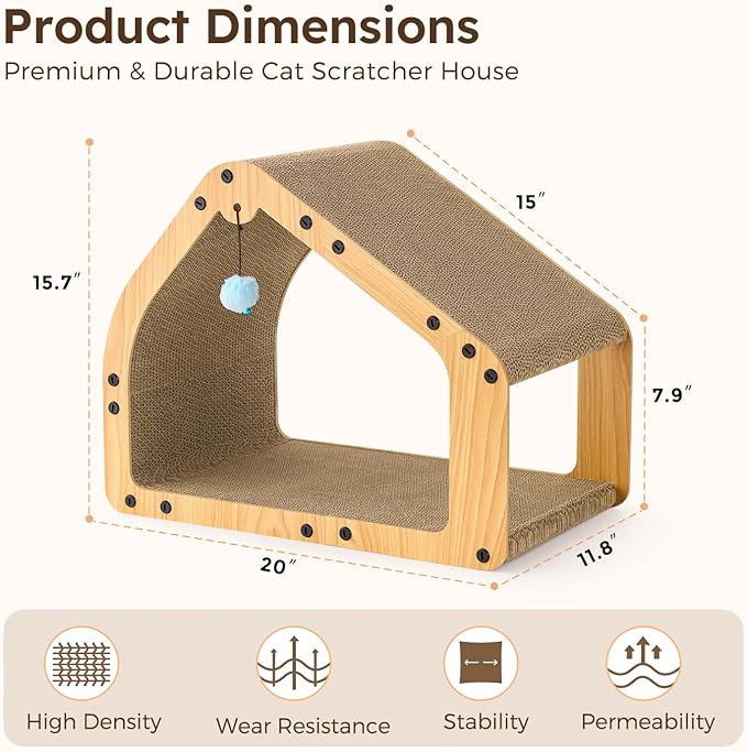 20'' Cardboard Cat Scratcher House - Large Cat Scratching Board with Balls, Cat Lounger as Tunnel for Indoor Cats and Kittens, Safe & Secure, Brown
