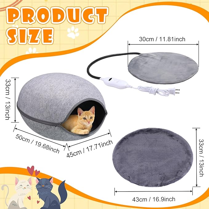 Heated Cat Bed, Indoor Heated Cat Cave, Warmer Thermal Pet Bed with Removable Waterproof Heater for Kitty Small Dogs Gray(19.7X 17.8 x 13 Inches)