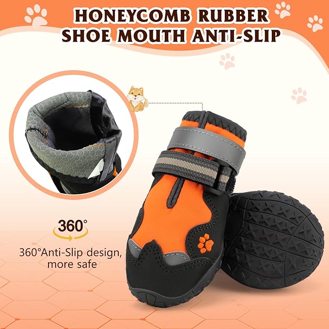 Dog Shoes for Large Dogs, 360°Anti Slip Medium Dog Boots & Paw Protectors Winter Snowy, Waterproof 4Pcs Dog Booties with Reflective Strips (Size 2: 1.77''x2.3''(W*L), Orange)