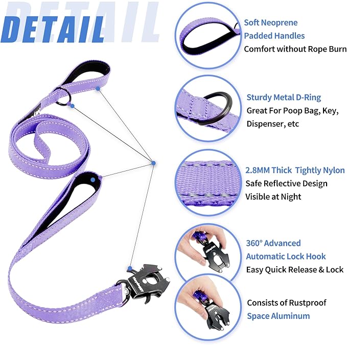 Strong Heavy Duty Dog Leash - 5ft Reflective Nylon Training Leash with Soft Padded Double Handle & Auto Lock Frog Clip, Safety Traffic Control for Large Medium Small Dogs No Pull Walk Light Purple,5ft