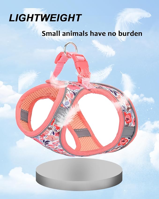 XS Peach Flower Pattern Dog Harness and Leash Set,No Escape Puppy Harnesses for Training Walking，Breathable Adjustable Puppy Vest for Small Medium Dogs, Cats (Peach, XS)